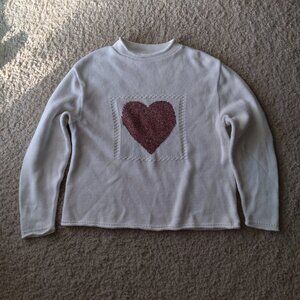 Vintage Coldwater Creek White Cotton Blend Knit Sweater with Red Heart Size XL